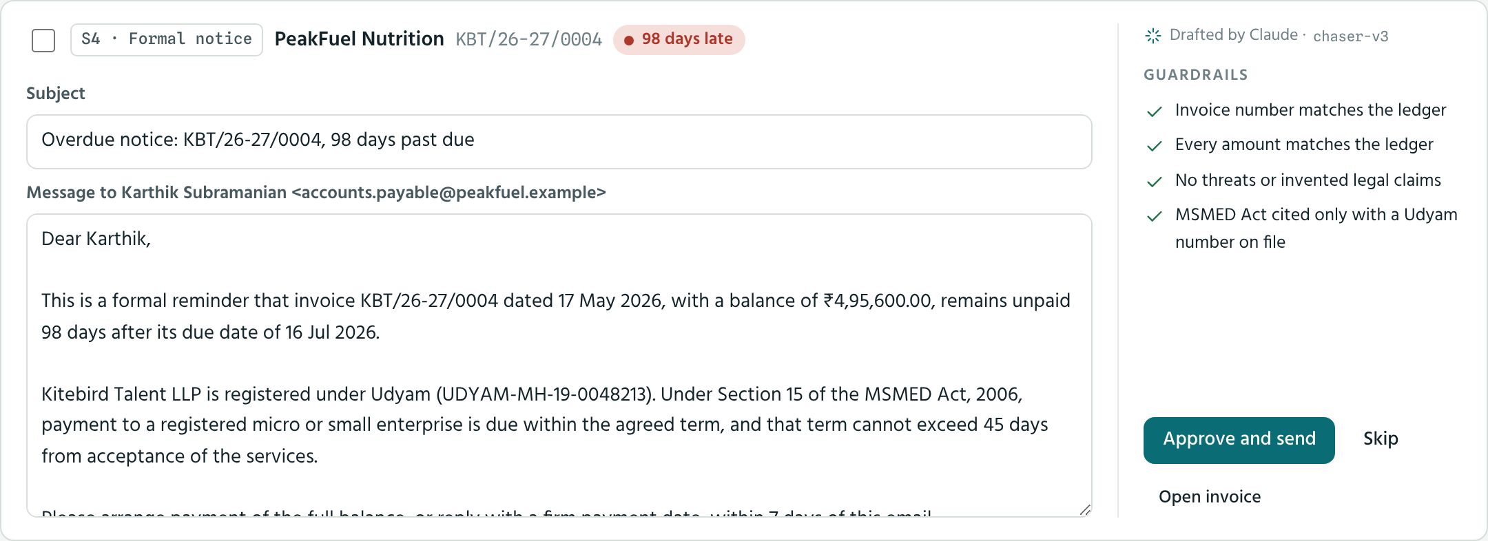 A payment reminder drafted for PeakFuel Nutrition, waiting for approval