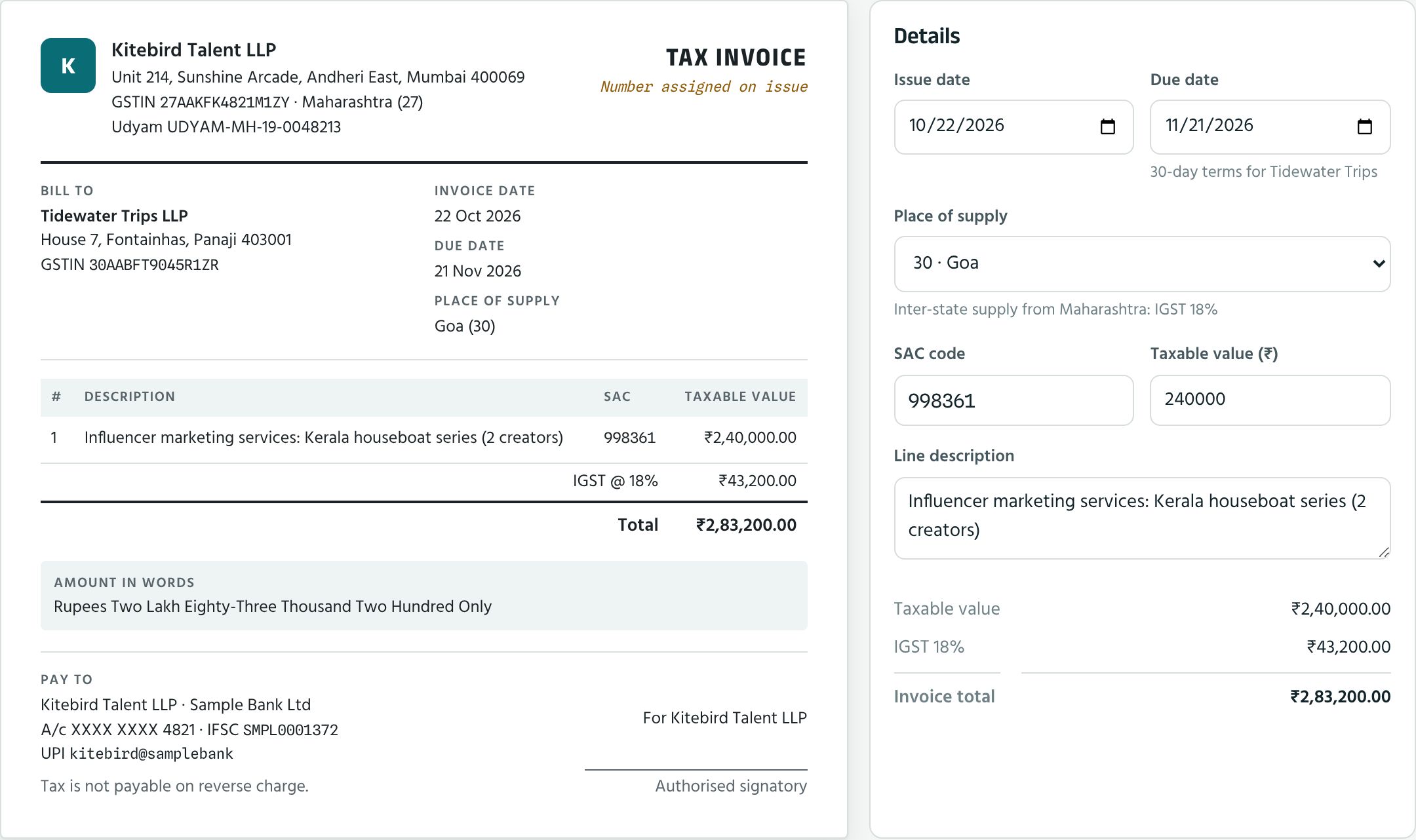 Creating a GST invoice in Settlr, with the tax worked out and a live preview